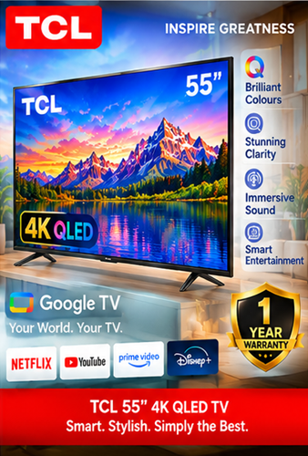TCL 55T6D 55 Inch Premium QLED Smart Google TV 2026 Model – 4K UHD HDR Display, Dolby Vision & Dolby Atmos, Wi-Fi & Bluetooth, Frameless Slim Design, Streaming Apps – 1 Year Warranty