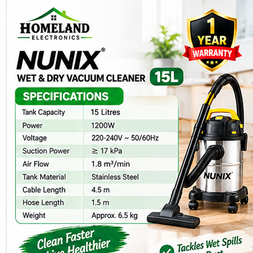 15L Wet & Dry Vacuum Cleaner – 1200W Powerful Suction, Stainless Steel Tank, 1 YEAR WARRANTY.
