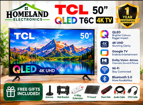 50" T6C QLED 4K UHD Smart Google TV, 4K HDR, Dolby Vision + Dolby Atmos, AiPQ Processor, 120Hz Game Accelerator, Google Assistant, Wi-Fi 5 + Bluetooth, HDMI 2.1, 2GB RAM + 16GB Storage