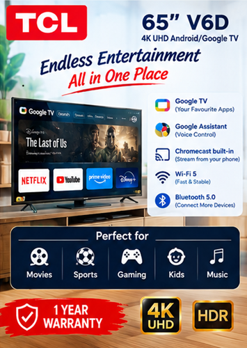 65" V6D 4K UHD Smart Google TV, HDR, AiPQ Processor, Dolby Audio, Google Assistant, Chromecast, Wi-Fi + Bluetooth, HDMI 2.1. 2GB RAM + 16GB Storage, 1 Year Warranty