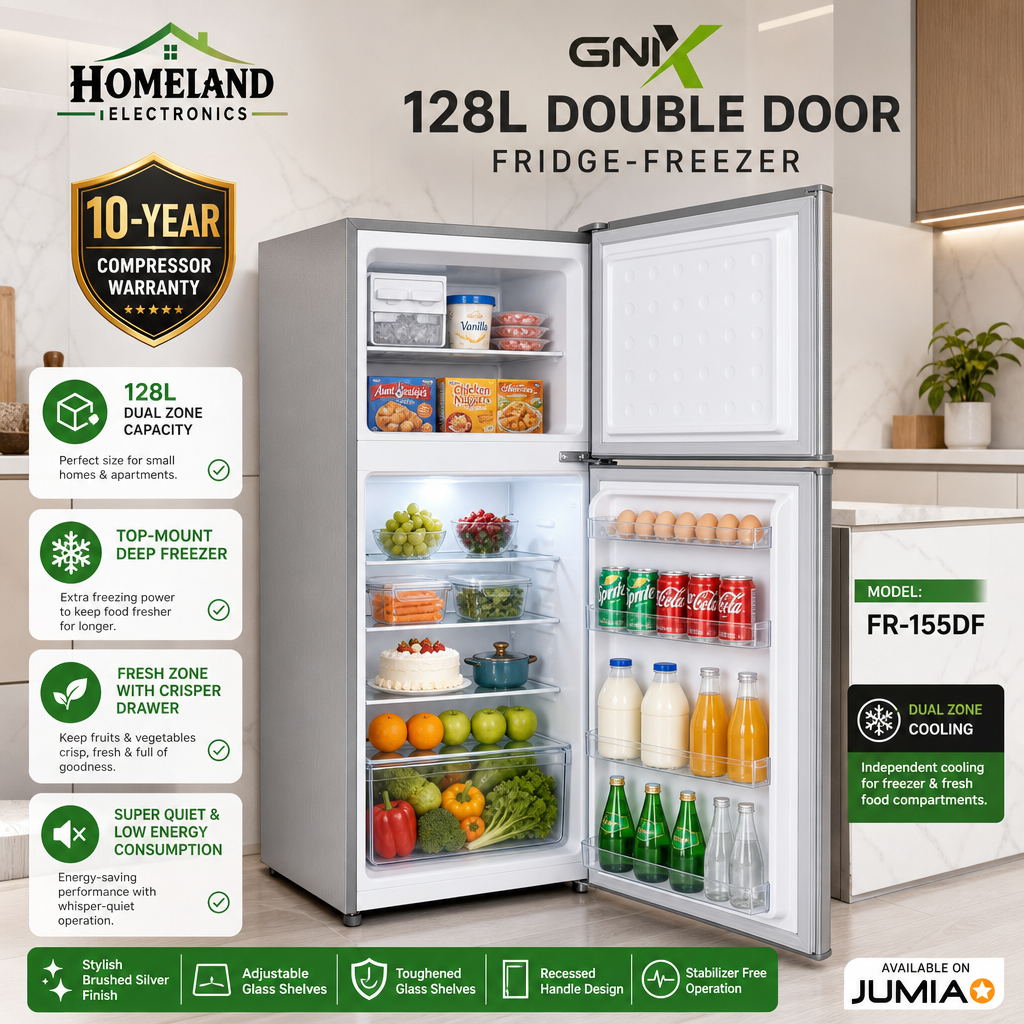 FR-155DF 128L Double Door Refrigerator – Top Freezer, Spacious Storage & Silver Finish