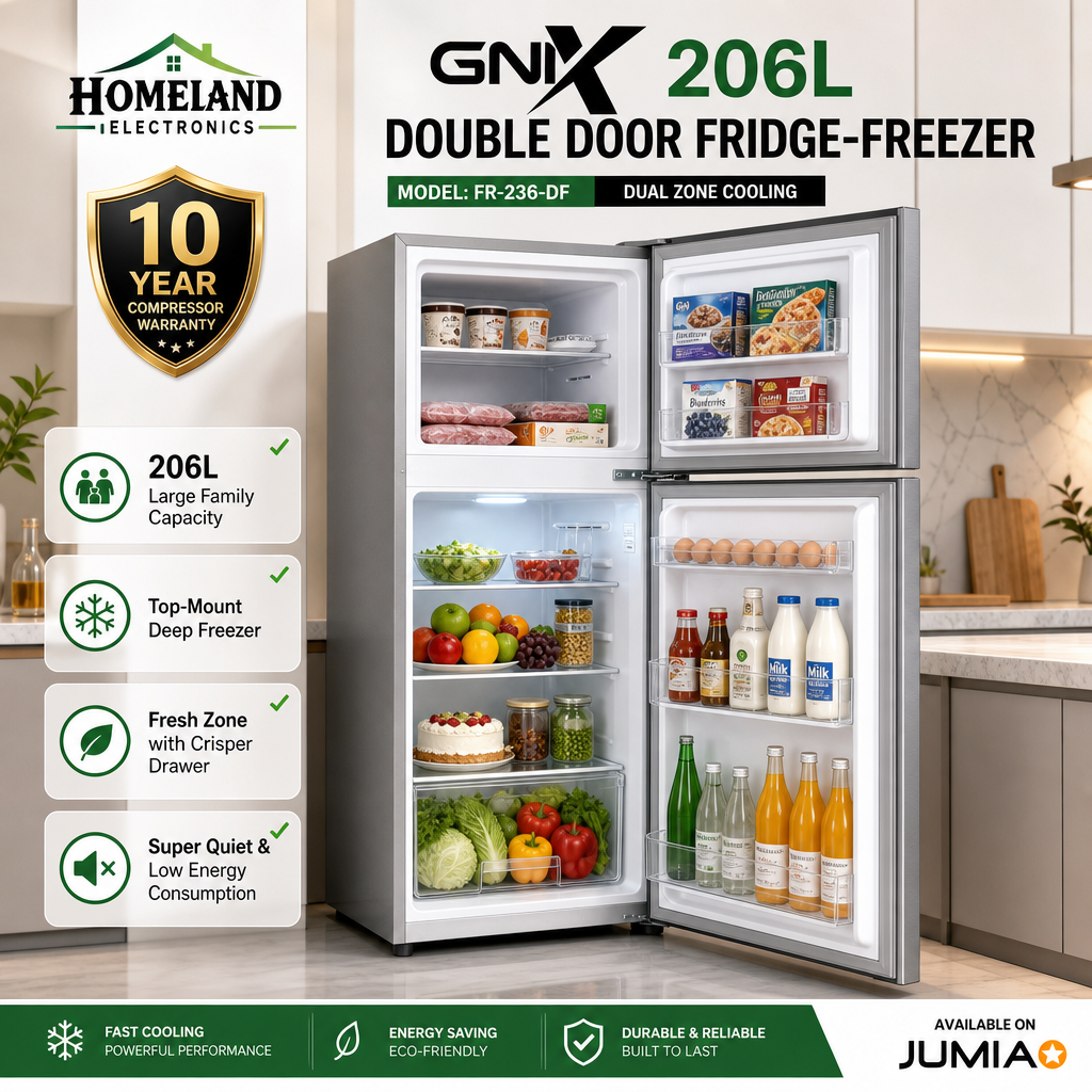 FR-236-DF 206L Double Door Refrigerator – Spacious Storage, Top Freezer & Modern Design