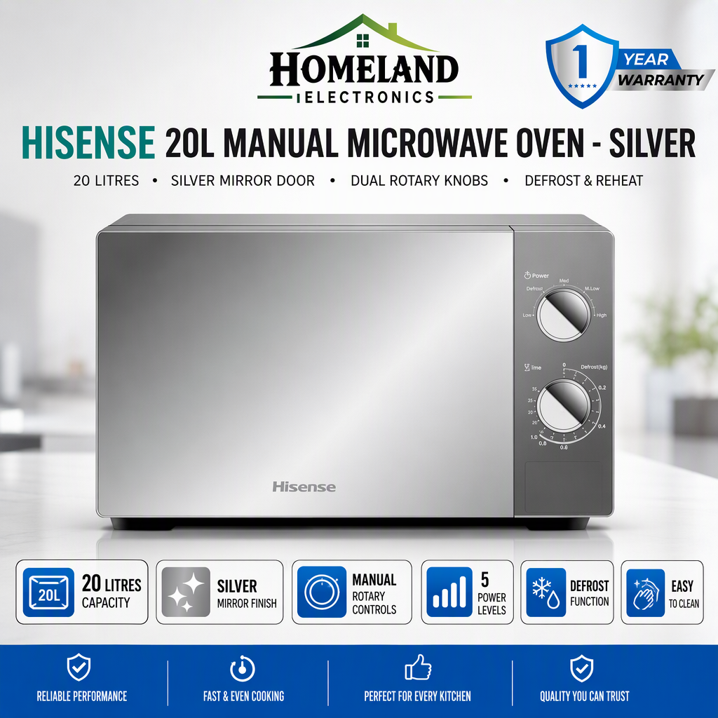 20L Manual Microwave Oven SILVER – Reheat, Defrost, Adjustable Power & 1 Year Warranty