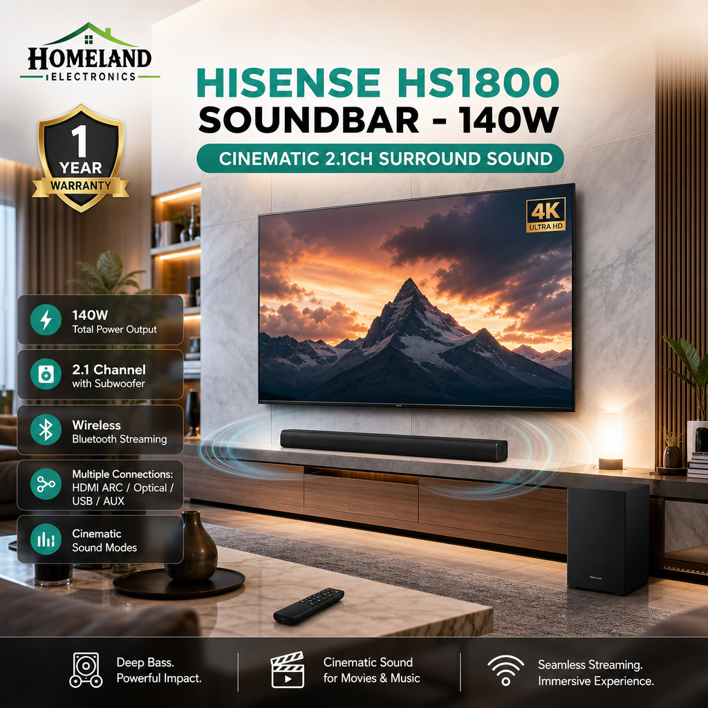 HS1800 140W 2.1 Channel Sound Bar with Subwoofer – Dolby Audio, DTS Virtual & Bluetooth