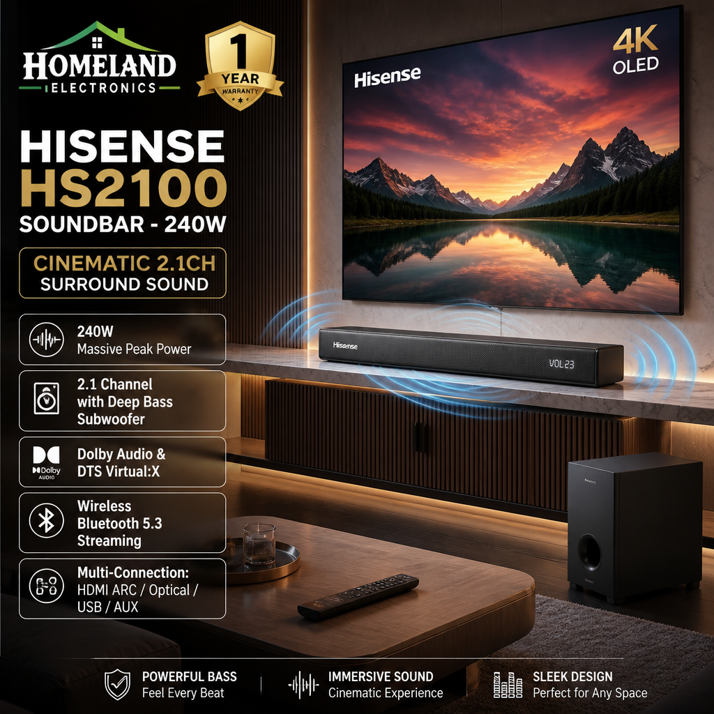 HS2100 240W 2.1CH Soundbar with Wireless Subwoofer – Dolby Audio, DTS Virtual:X & Bluetooth 5.3