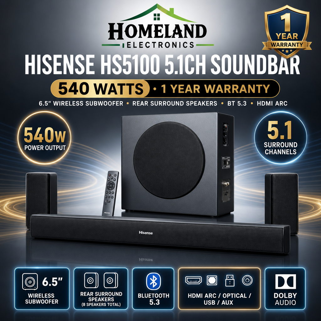 HS5100 540W 5.1CH Soundbar with Wireless Subwoofer & Rear Speakers – Dolby Audio, DTS Virtual:X & Bluetooth 5.3
