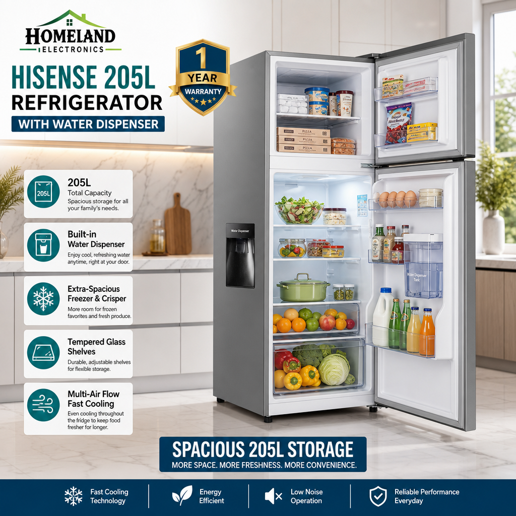 205L REF205DR Double Door Refrigerator with Water Dispenser – Spacious Freezer, Fresh Food Storage & Modern Design