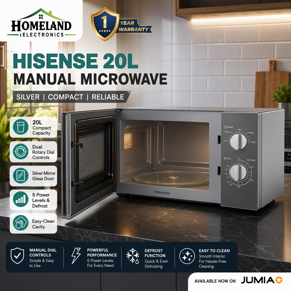 HISENSE 20L Manual Microwave Oven SILVER – Reheat, Defrost, Adjustable Power & 1 Year Warranty