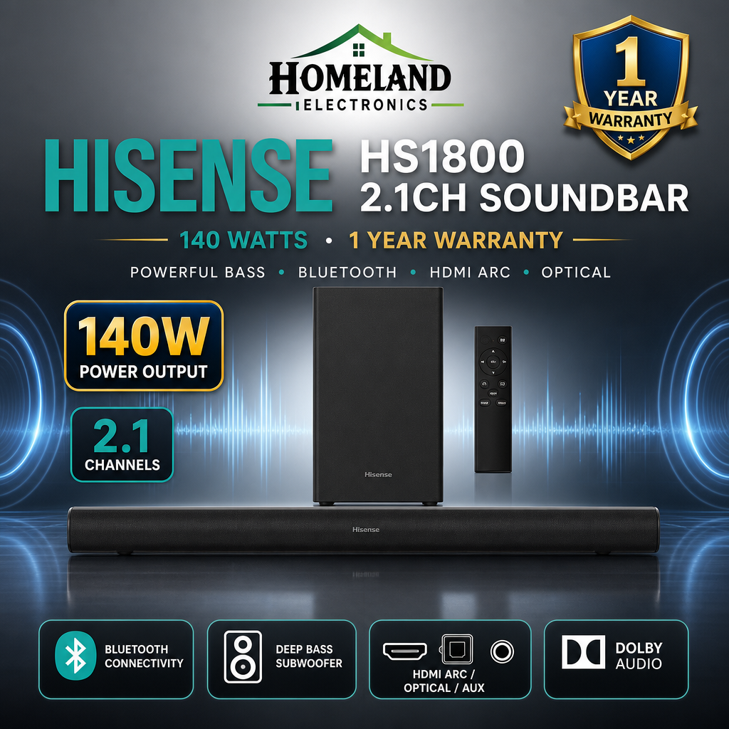 HISENSE HS1800 140W 2.1 Channel Sound Bar with Subwoofer – Dolby Audio, DTS Virtual & Bluetooth
