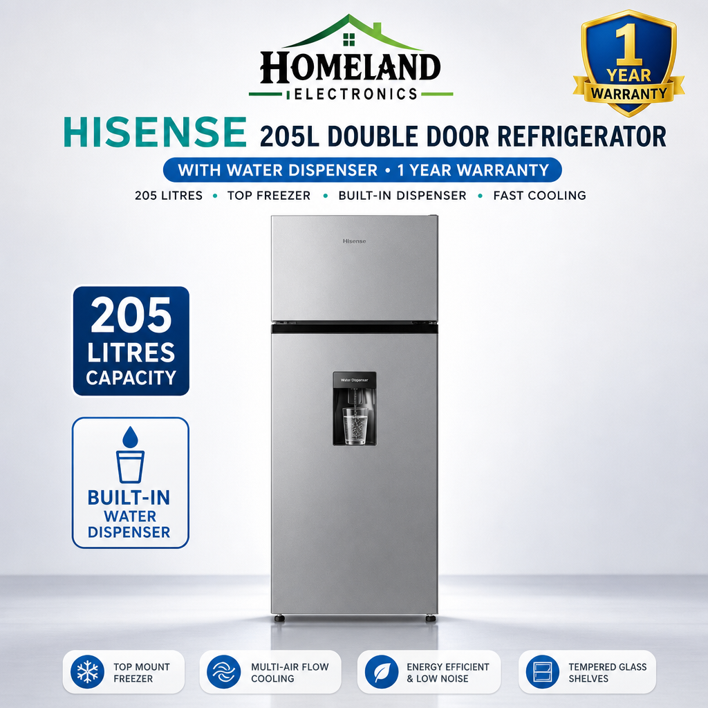 HISENSE 205L REF205DR Double Door Refrigerator with Water Dispenser – Spacious Freezer, Fresh Food Storage & Modern Design