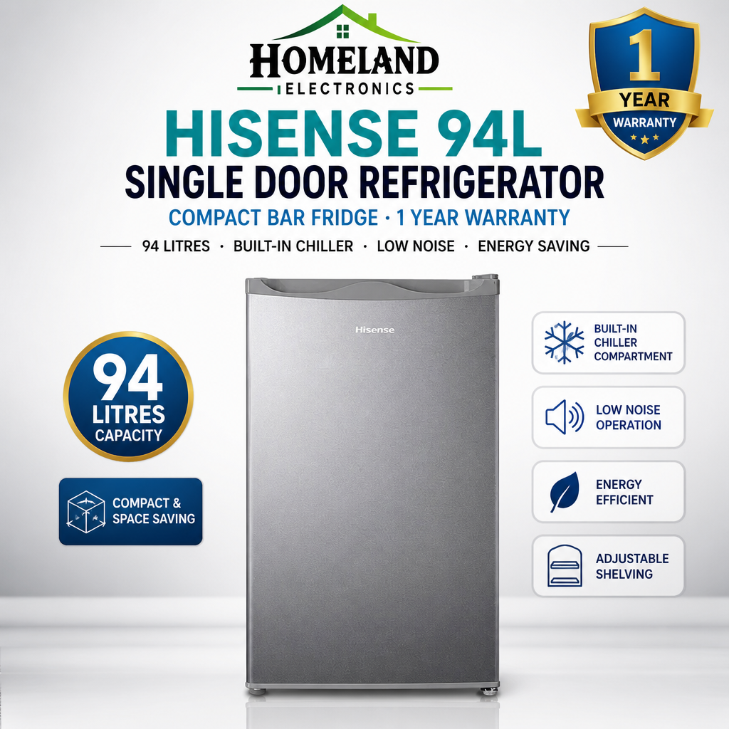 HISENSE REF094DR 94L Single Door Refrigerator – Direct Cool, Reversible Door, Glass Shelves & Ice Box
