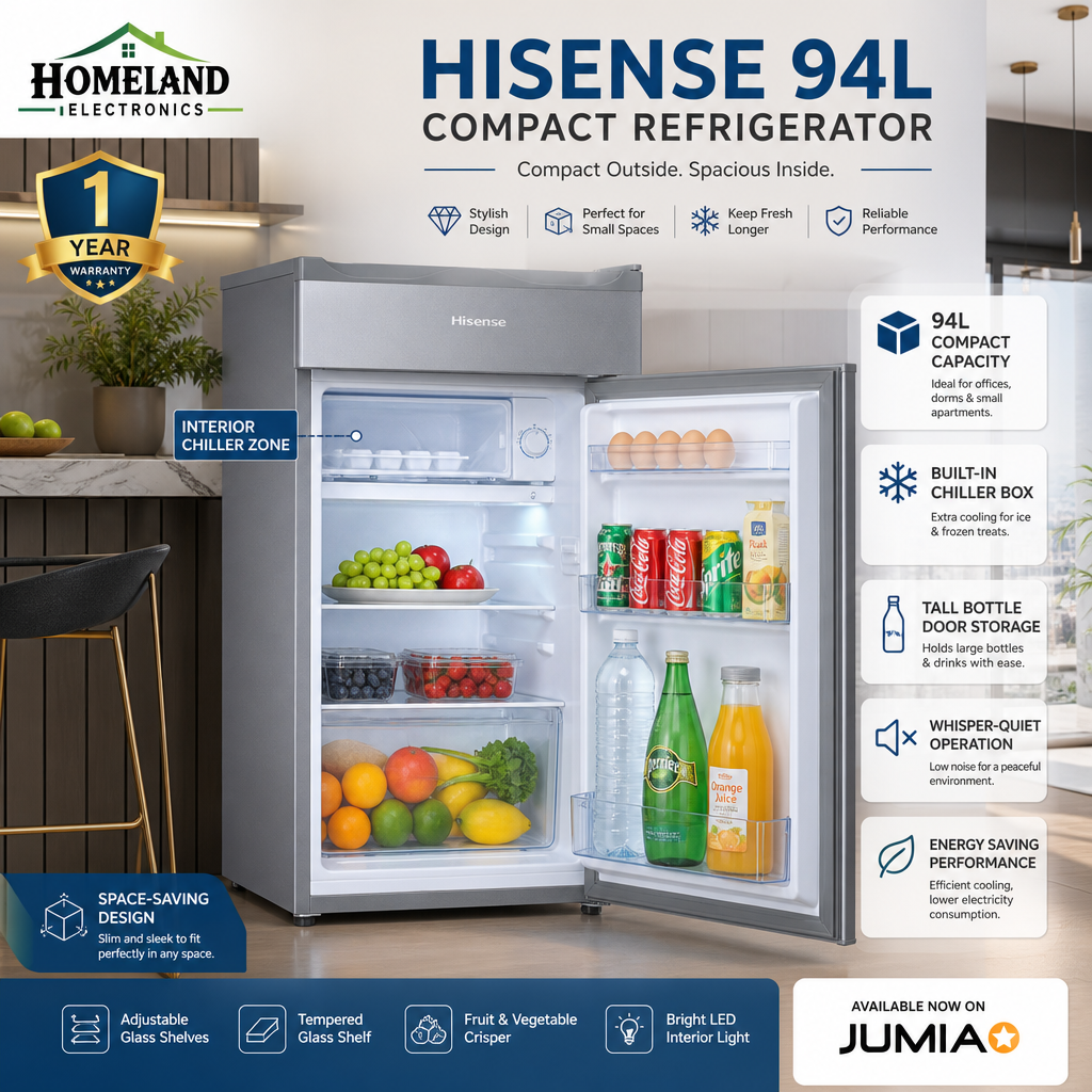 HISENSE REF094DR 94L Single Door Refrigerator – Direct Cool, Reversible Door, Glass Shelves & Ice Box